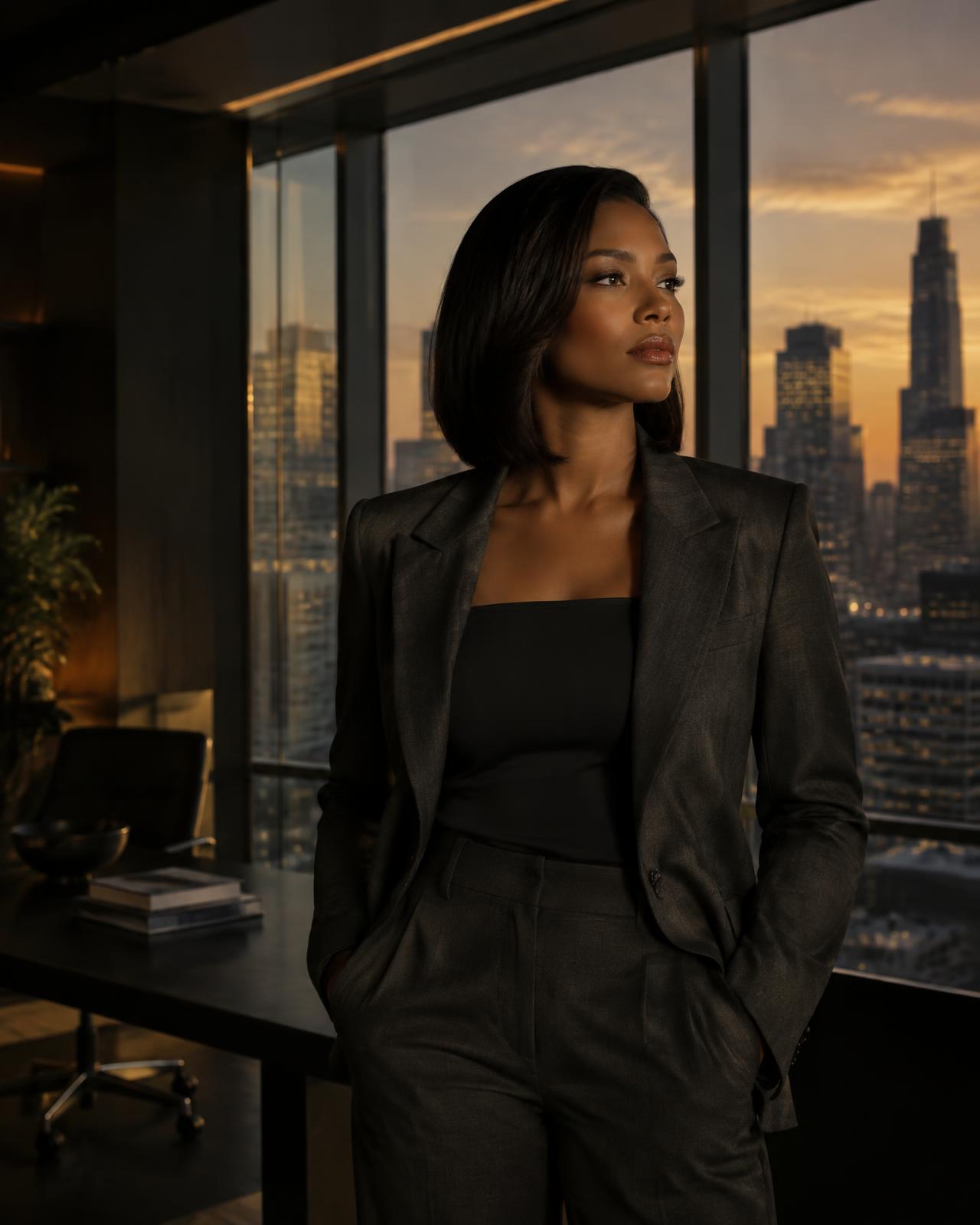 A professional standing in a modern high-rise office overlooking the city skyline at sunset